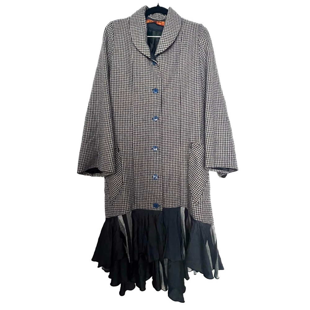 Avante Garde Designer Houndstooth Asymmetric Ruffle Hem Coat Lagenlook Gothic - Picture 2 of 14
